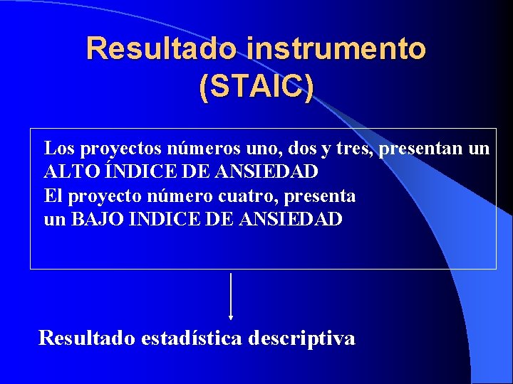 Resultado instrumento (STAIC) Los proyectos números uno, dos y tres, presentan un ALTO ÍNDICE
