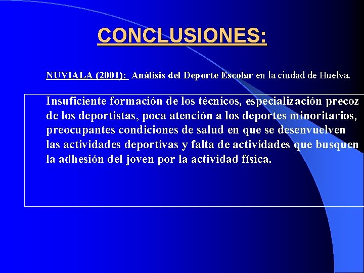 CONCLUSIONES: NUVIALA (2001): Análisis del Deporte Escolar en la ciudad de Huelva. Insuficiente formación