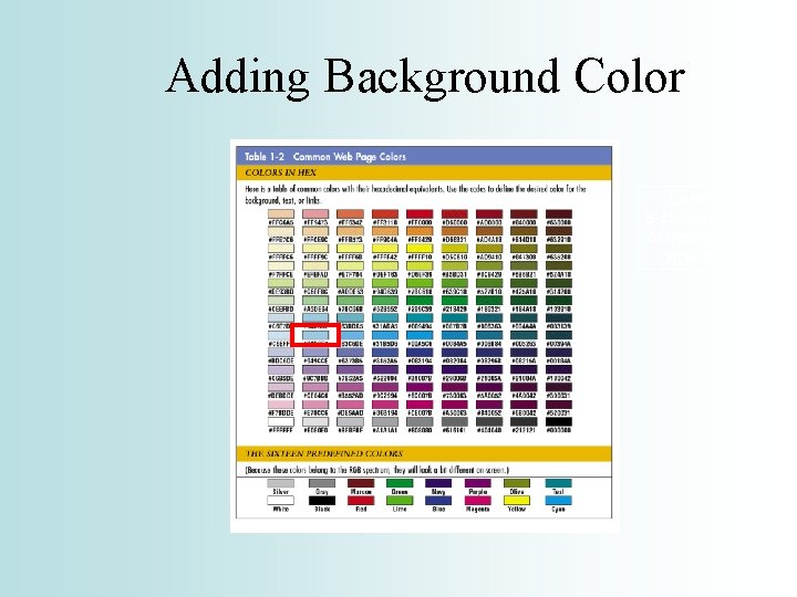 Adding Background Color Locate the 6 -character code of the color you wish to