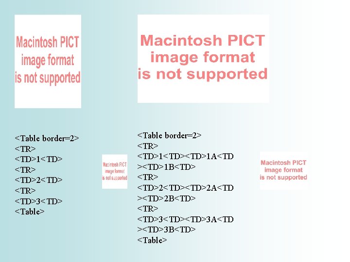<Table border=2> <TR> <TD>1<TD> <TR> <TD>2<TD> <TR> <TD>3<TD> <Table border=2> <TR> <TD>1<TD>1 A<TD ><TD>1