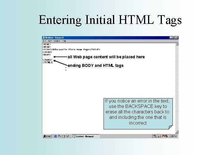 Entering Initial HTML Tags all Web page content will be placed here ending BODY