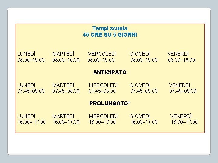 Tempi scuola 40 ORE SU 5 GIORNI LUNEDÌ 08. 00– 16. 00 MARTEDÌ 08.