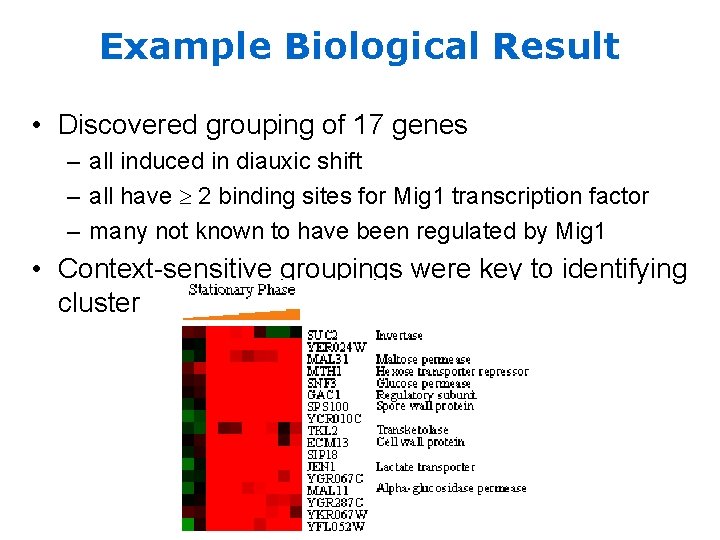 Example Biological Result • Discovered grouping of 17 genes – all induced in diauxic