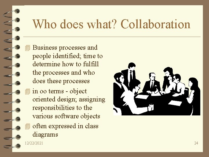 Who does what? Collaboration 4 Business processes and people identified; time to determine how