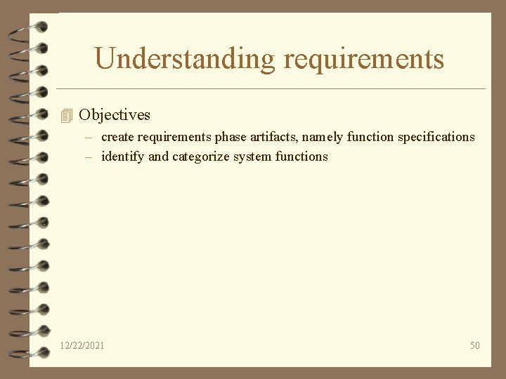 Understanding requirements 4 Objectives – create requirements phase artifacts, namely function specifications – identify