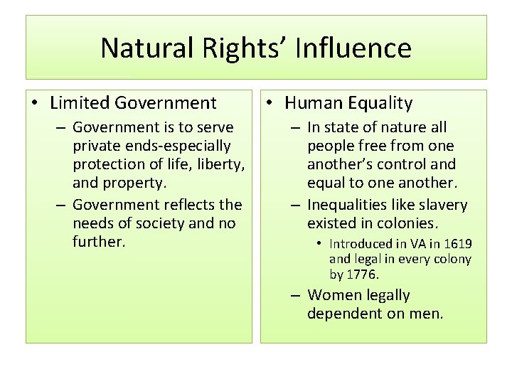 Natural Rights’ Influence • Limited Government – Government is to serve private ends-especially protection