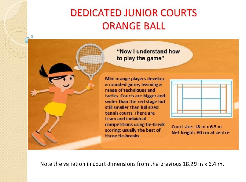 DEDICATED JUNIOR COURTS ORANGE BALL Note the variation in court dimensions from the previous