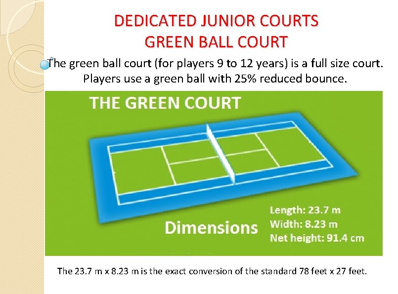 DEDICATED JUNIOR COURTS GREEN BALL COURT The green ball court (for players 9 to