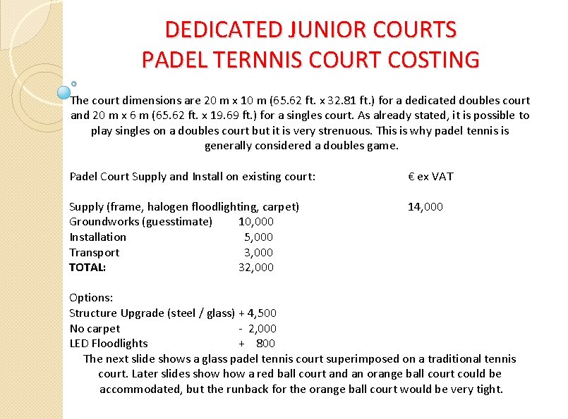 DEDICATED JUNIOR COURTS PADEL TERNNIS COURT COSTING The court dimensions are 20 m x