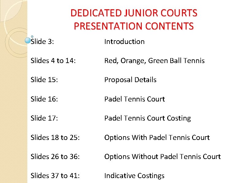 DEDICATED JUNIOR COURTS PRESENTATION CONTENTS Slide 3: Introduction Slides 4 to 14: Red, Orange,