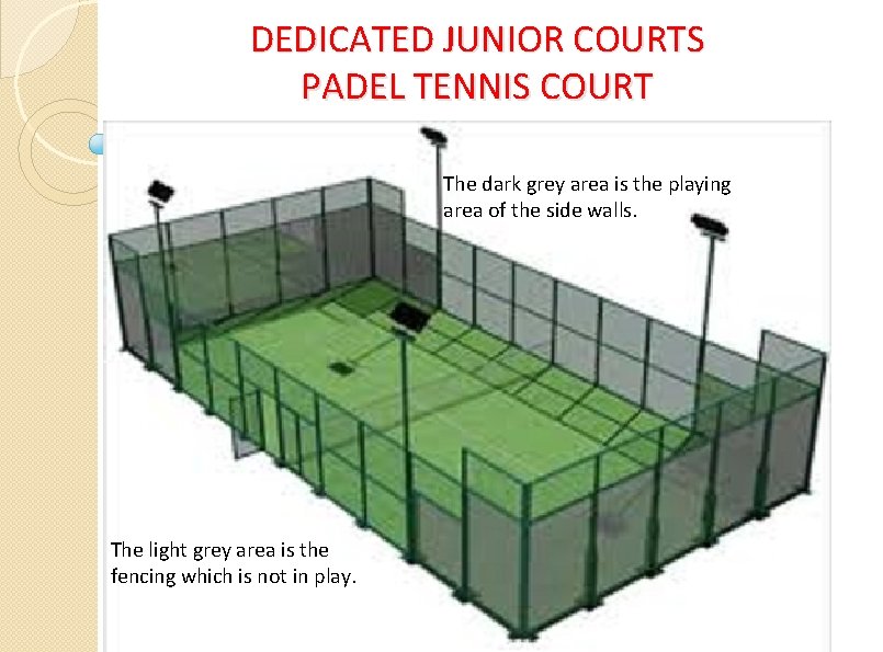 DEDICATED JUNIOR COURTS PADEL TENNIS COURT The dark grey area is the playing area