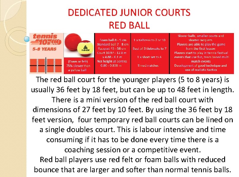 DEDICATED JUNIOR COURTS RED BALL The red ball court for the younger players (5
