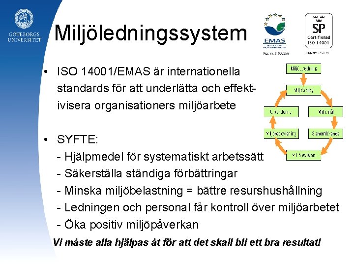 Miljöledningssystem • ISO 14001/EMAS är internationella standards för att underlätta och effektivisera organisationers miljöarbete