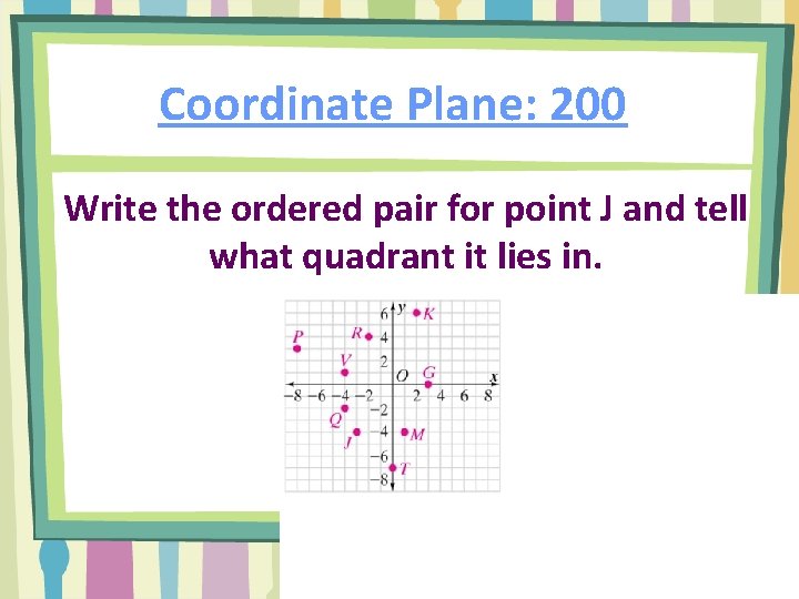 Coordinate Plane: 200 Write the ordered pair for point J and tell what quadrant