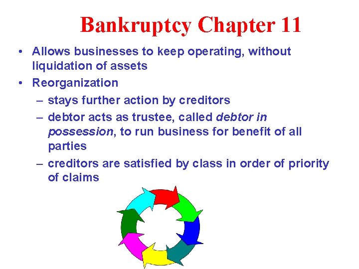 Bankruptcy Chapter 11 • Allows businesses to keep operating, without liquidation of assets •