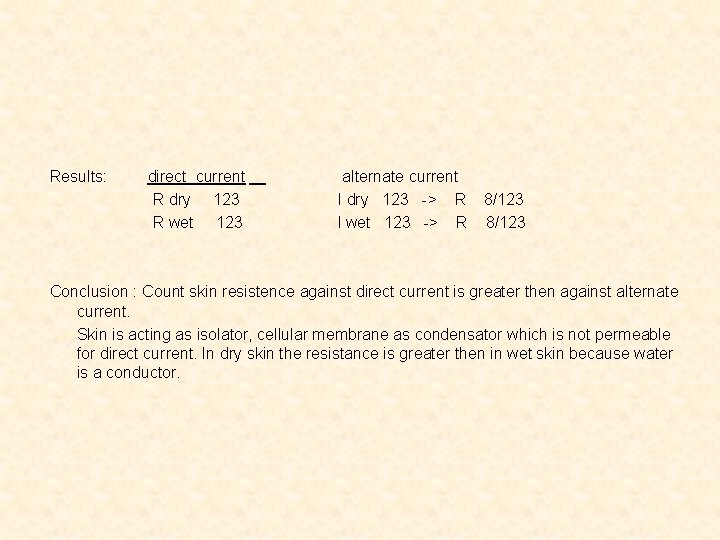 Results: direct current R dry 123 R wet 123 alternate current I dry 123