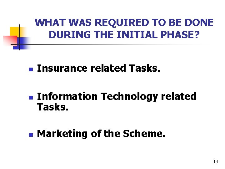 WHAT WAS REQUIRED TO BE DONE DURING THE INITIAL PHASE? n n n Insurance