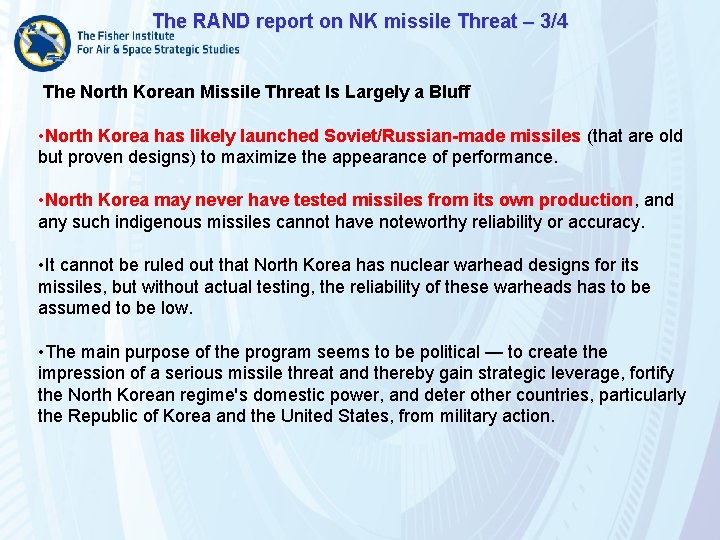 The RAND report on NK missile Threat – 3/4 The North Korean Missile Threat