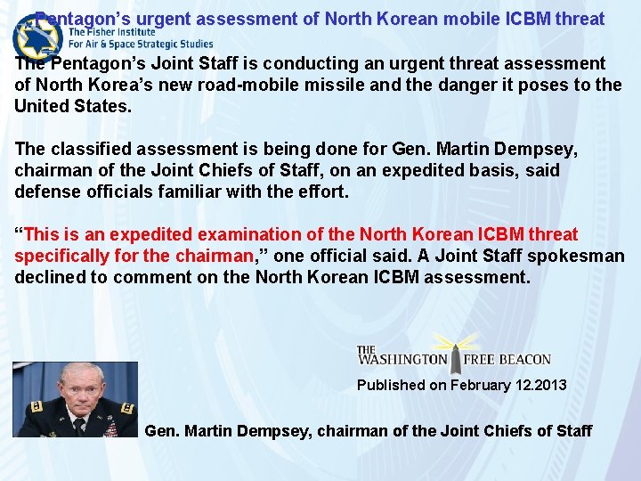 Pentagon’s urgent assessment of North Korean mobile ICBM threat The Pentagon’s Joint Staff is
