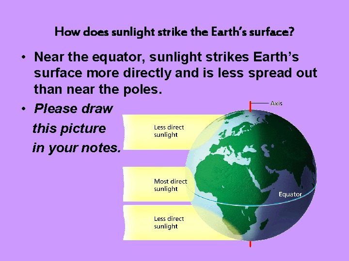 How does sunlight strike the Earth’s surface? • Near the equator, sunlight strikes Earth’s