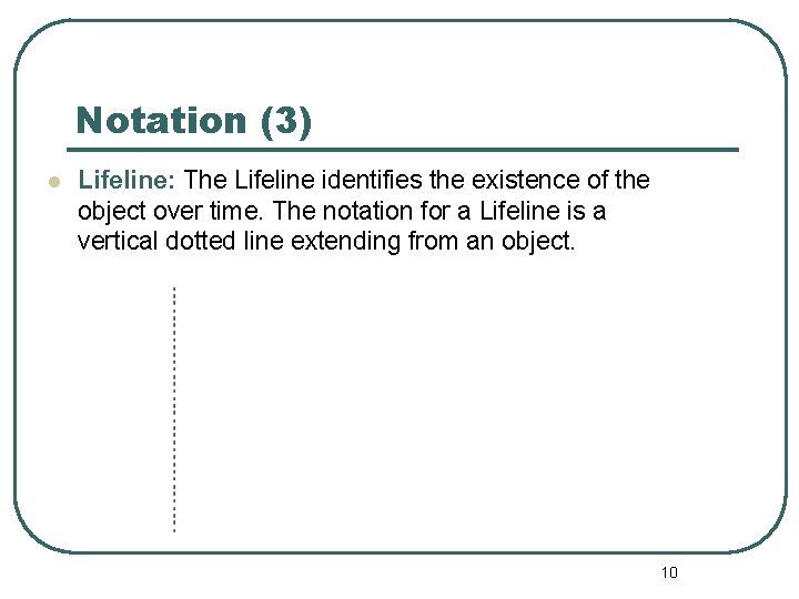 Notation (3) l Lifeline: The Lifeline identifies the existence of the object over time. Notation (3) l Lifeline: The Lifeline identifies the existence of the object over time.