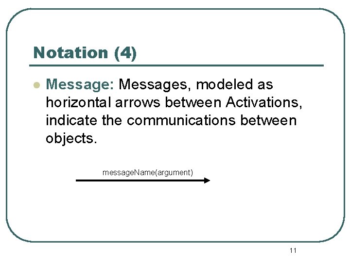 Notation (4) l Message: Messages, modeled as horizontal arrows between Activations, indicate the communications Notation (4) l Message: Messages, modeled as horizontal arrows between Activations, indicate the communications