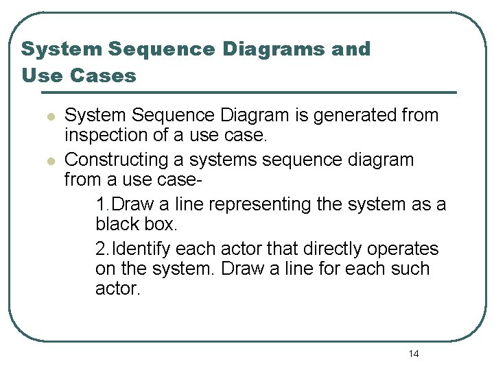 System Sequence Diagrams and Use Cases l l System Sequence Diagram is generated from System Sequence Diagrams and Use Cases l l System Sequence Diagram is generated from