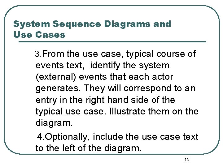 System Sequence Diagrams and Use Cases 3. From the use case, typical course of System Sequence Diagrams and Use Cases 3. From the use case, typical course of