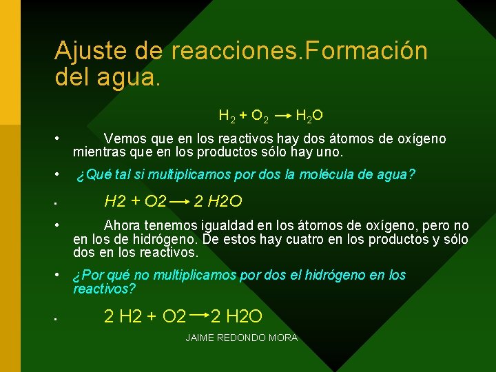 Ajuste de reacciones. Formación del agua. H 2 + O 2 H 2 O