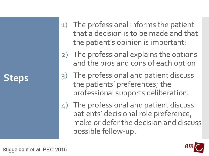 Steps 1) The professional informs the patient that a decision is to be made