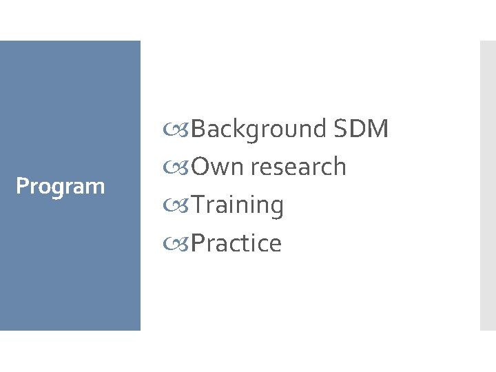 Program Background SDM Own research Training Practice 
