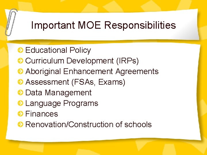 Important MOE Responsibilities Educational Policy Curriculum Development (IRPs) Aboriginal Enhancement Agreements Assessment (FSAs, Exams)