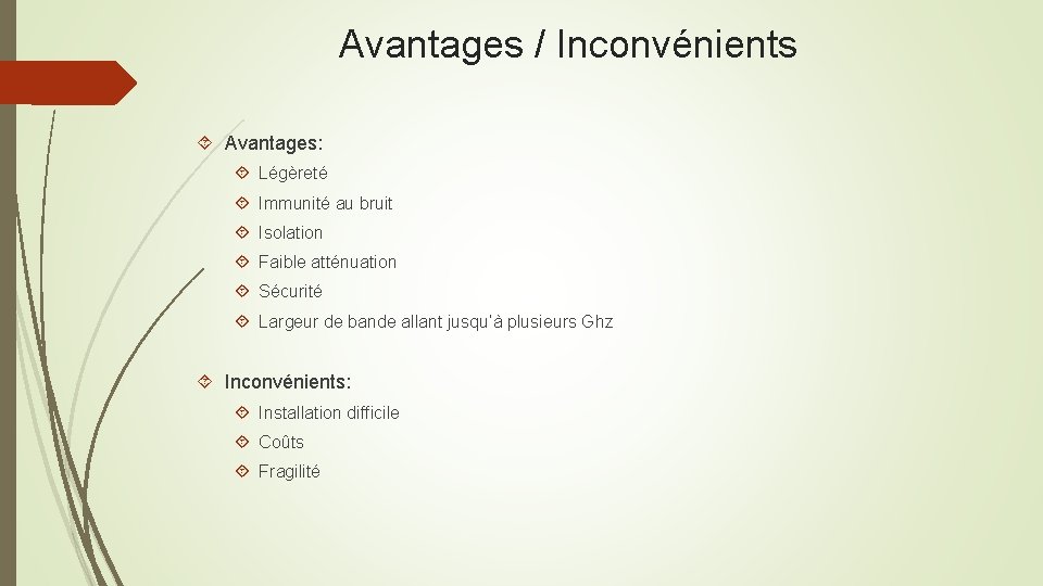 Avantages / Inconvénients Avantages: Légèreté Immunité au bruit Isolation Faible atténuation Sécurité Largeur de