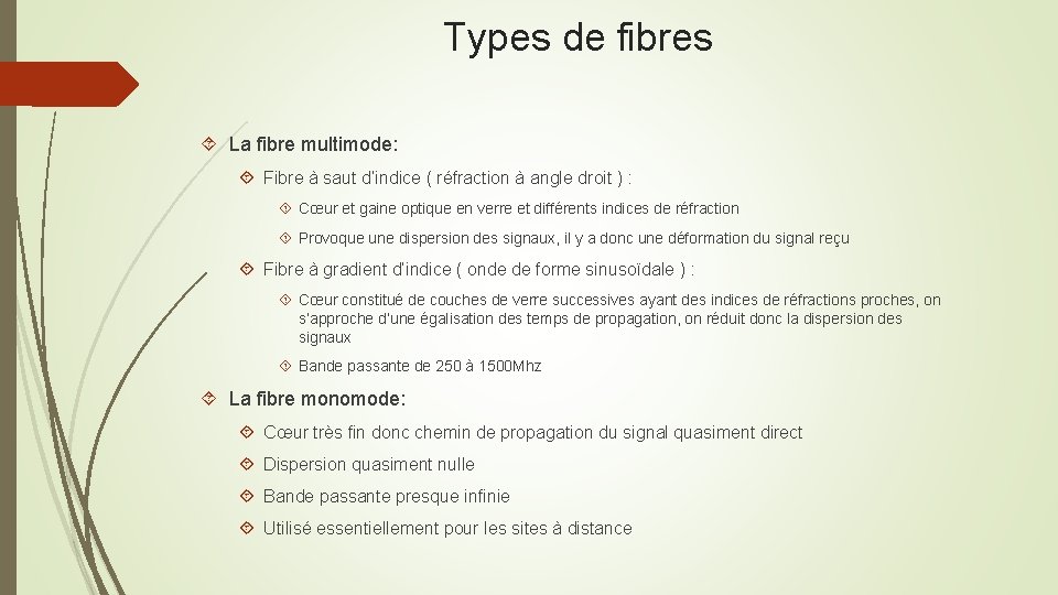 Types de fibres La fibre multimode: Fibre à saut d’indice ( réfraction à angle