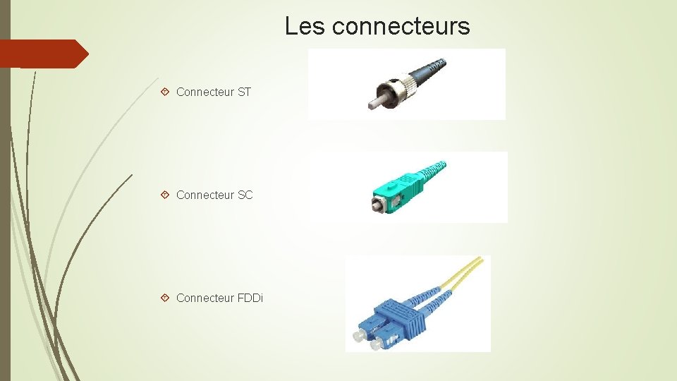 Les connecteurs Connecteur ST Connecteur SC Connecteur FDDi 