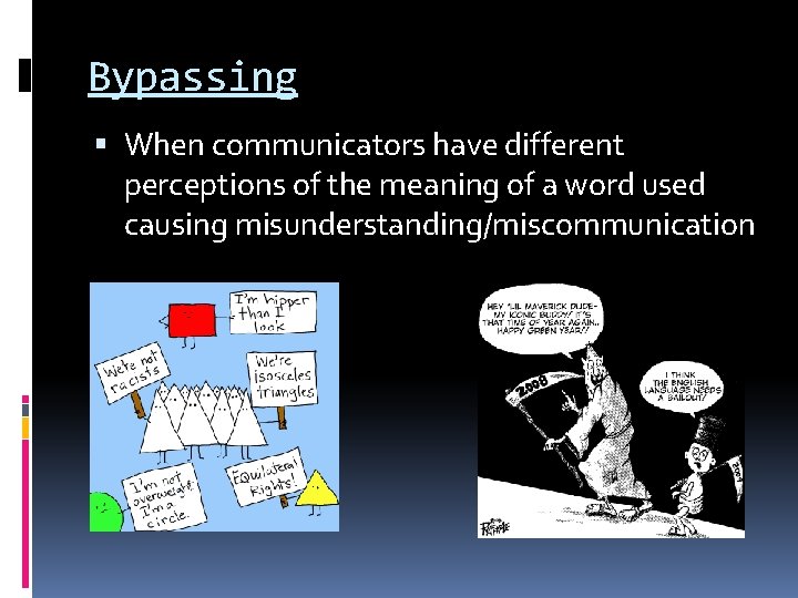 Bypassing When communicators have different perceptions of the meaning of a word used causing