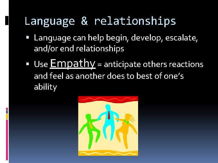 Language & relationships Language can help begin, develop, escalate, and/or end relationships Use Empathy