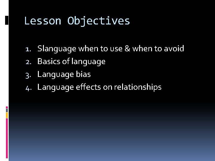 Lesson Objectives 1. 2. 3. 4. Slanguage when to use & when to avoid