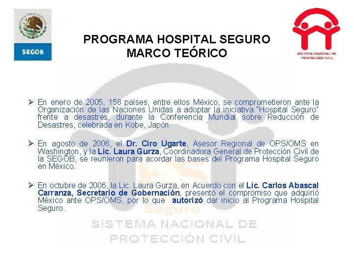 PROGRAMA HOSPITAL SEGURO MARCO TEÓRICO Ø En enero de 2005, 158 países, entre ellos