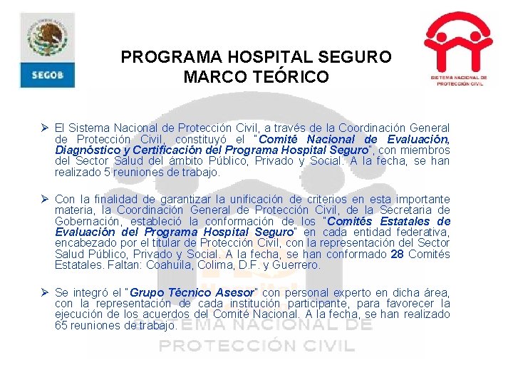 PROGRAMA HOSPITAL SEGURO MARCO TEÓRICO Ø El Sistema Nacional de Protección Civil, a través