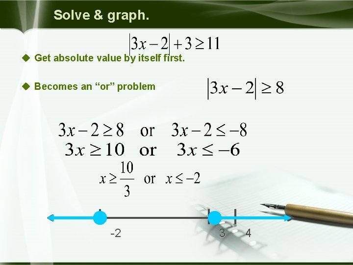 Solve & graph. u Get absolute value by itself first. u Becomes an “or”