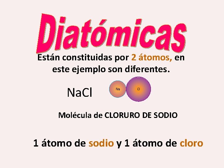 Están constituidas por 2 átomos, en este ejemplo son diferentes Na. Cl Na Cl