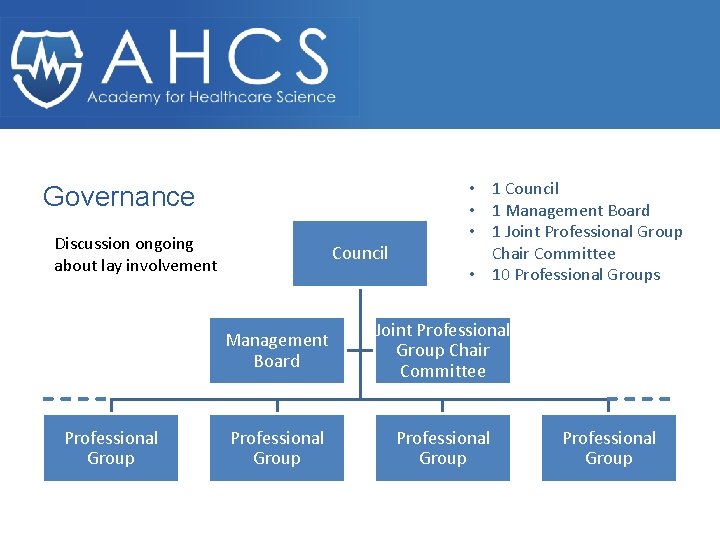 Governance Discussion ongoing about lay involvement Professional Group Council • 1 Council • 1
