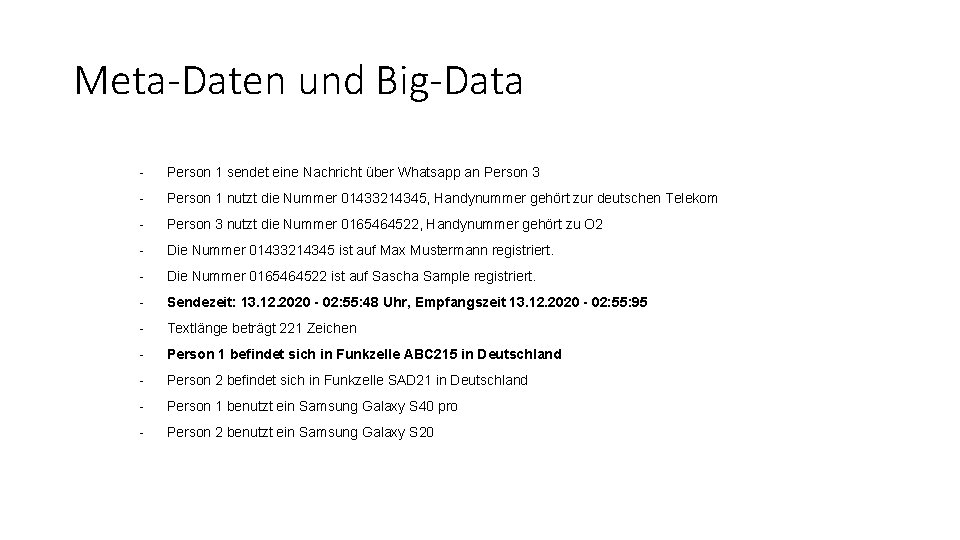 Meta-Daten und Big-Data - Person 1 sendet eine Nachricht über Whatsapp an Person 3