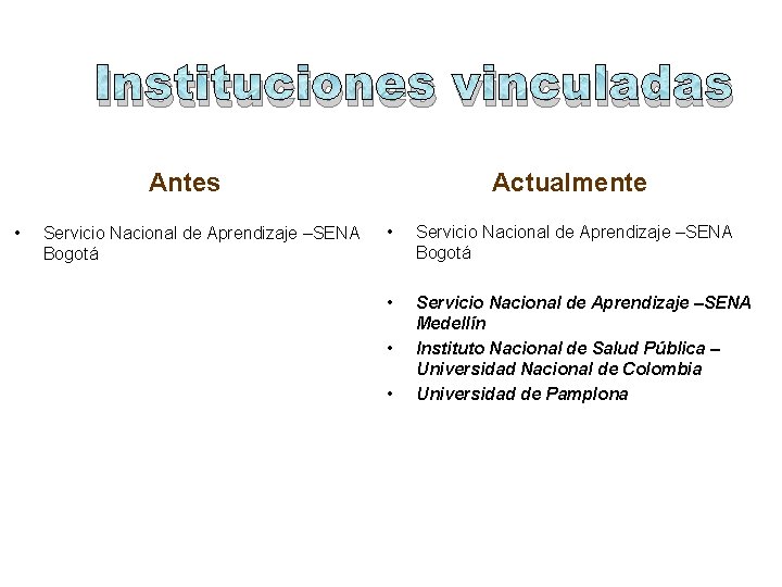 Instituciones vinculadas Actualmente Antes • Servicio Nacional de Aprendizaje –SENA Bogotá • Servicio Nacional