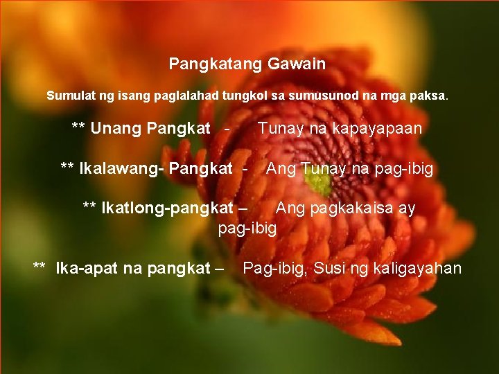 Pangkatang Gawain Sumulat ng isang paglalahad tungkol sa sumusunod na mga paksa. ** Unang