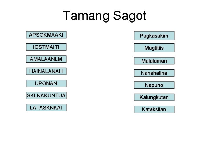 Tamang Sagot APSGKMAAKI Pagkasakim IGSTMAITI Magtitiis AMALAANLM Malalaman HAINALANAH Nahahalina UPONAN Napuno GKLNAKUNTUA Kalungkutan