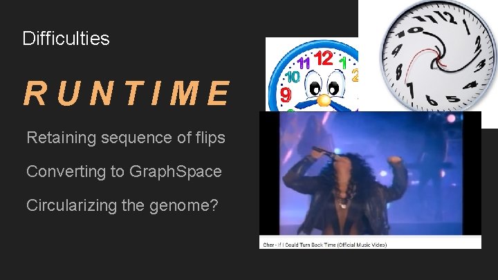 Difficulties RUNTIME Retaining sequence of flips Converting to Graph. Space Circularizing the genome? 