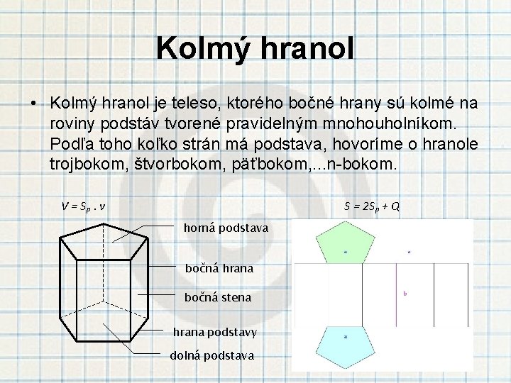 Kolmý hranol • Kolmý hranol je teleso, ktorého bočné hrany sú kolmé na roviny