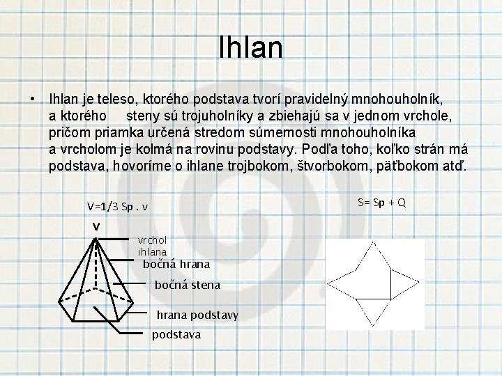 Ihlan • Ihlan je teleso, ktorého podstava tvorí pravidelný mnohouholník, a ktorého steny sú